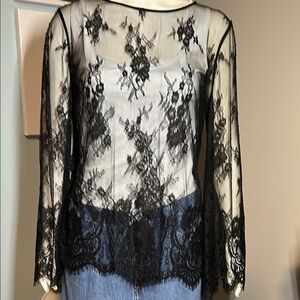 Elegant WHBM Black Lace long sleeve Top size Medium EUC